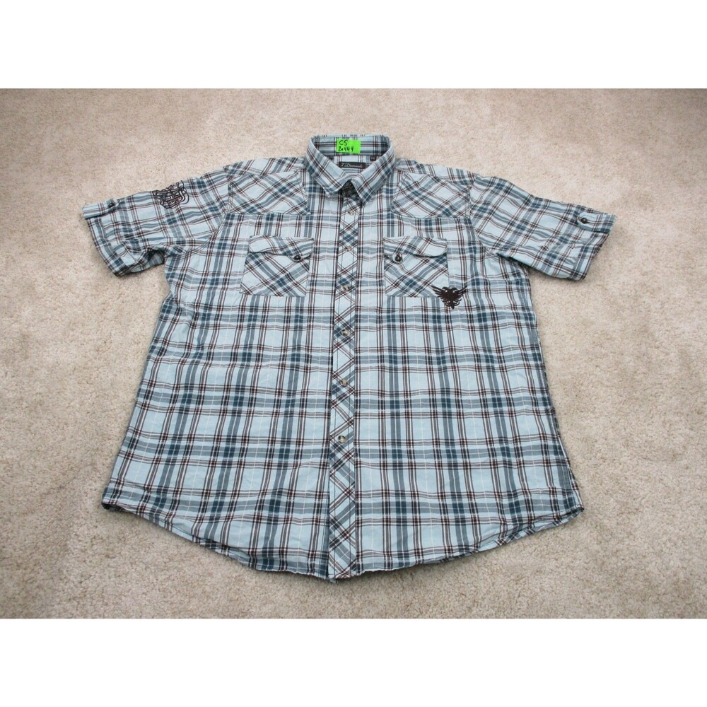 7 Diamonds Shirt Mens 2XL XXL Blue Brown Plaid Short Sleeve Pearl Snap Button Up
